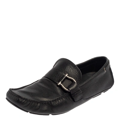 Pre-owned Ferragamo Black Leather Gancio Slip On Loafers Size 44