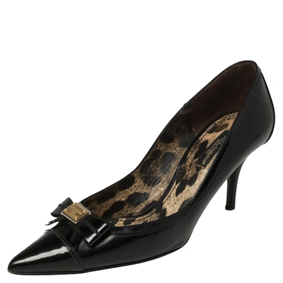 Pre-owned Dolce & Gabbana Black Patent Leather Bow Pointed Toe Pumps Size 38