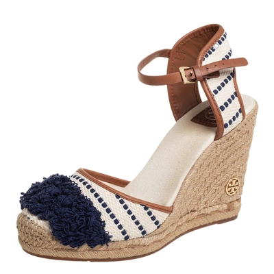 Pre-owned Tory Burch Multicolor Canvas And Leather Trim Wedge Espadrille Ankle Strap Sandals Size 40