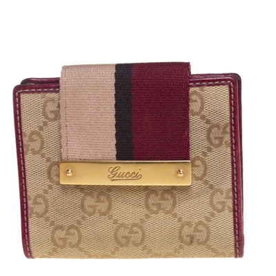 Pre-owned Gucci Beige/burgundy Gg Canvas And Leather Compact Wallet