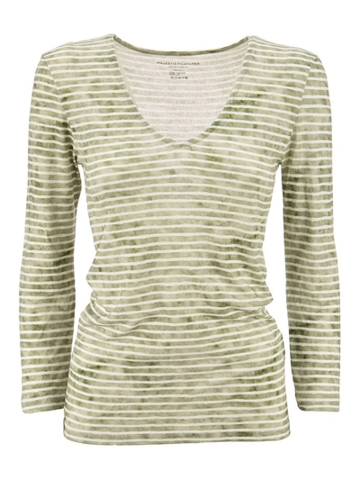 Shop Majestic V-neck Striped T-shirt In Green