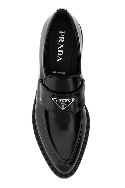 Prada Logo Plaque Spazzolato Leather Platform Moccasins