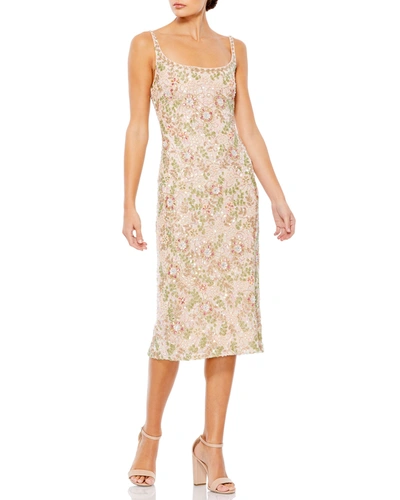 Shop Mac Duggal Floral Beaded Scoop-neck Midi Dress In Nude Multi