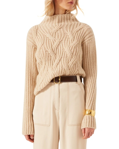 Shop Agnona Funnel-neck Cable-knit Cashmere-silk Sweater In Ivory