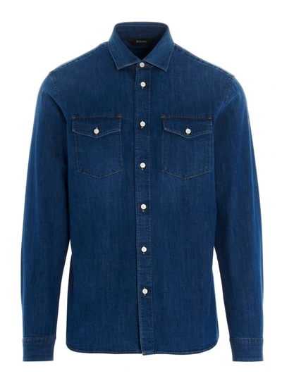 Shop Z Zegna Men's Blue Cotton Shirt