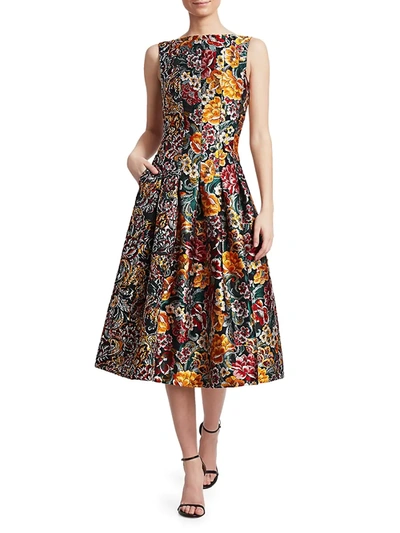 Shop Oscar De La Renta Women's Multi Floral Jacquard Sleeveless A-line Dress In Juniper Multi