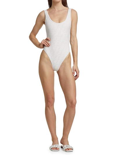 Shop Fendi Ff Logo-embossed One-piece Swimsuit In Milk White