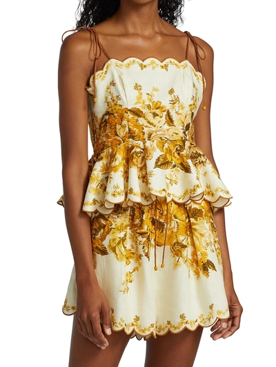 Shop Zimmermann Aliane Floral Print Scalloped Linen Top In Amber Floral
