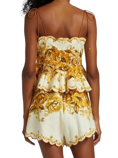 Shop Zimmermann Aliane Floral Print Scalloped Linen Top In Amber Floral
