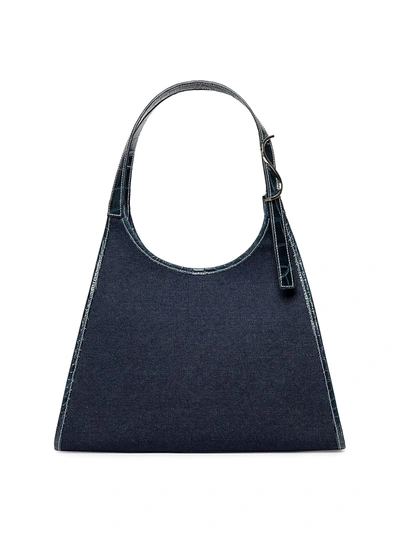 Shop Staud Soft Rey Denim & Leather Top Handle Bag In Denim Blue