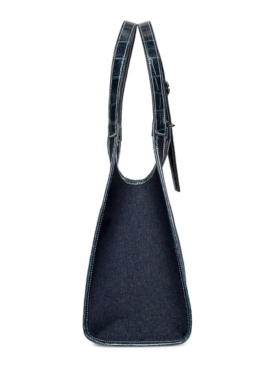 Shop Staud Soft Rey Denim & Leather Top Handle Bag In Denim Blue