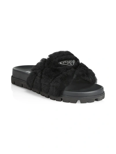 Shop Prada Women's Shearling Fur Slides In Orchidea