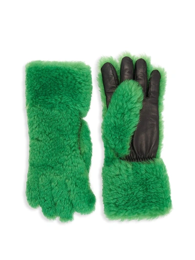 Shop Bottega Veneta Men's Lamb Fur & Leather Gloves In Green Black