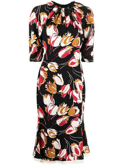Shop Marni Tulip-print Mid-length Dress In Black