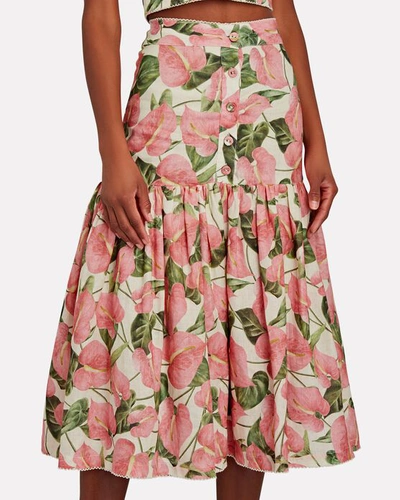 Shop Agua By Agua Bendita Ciruela Anturios Linen Midi Skirt In Pink/green