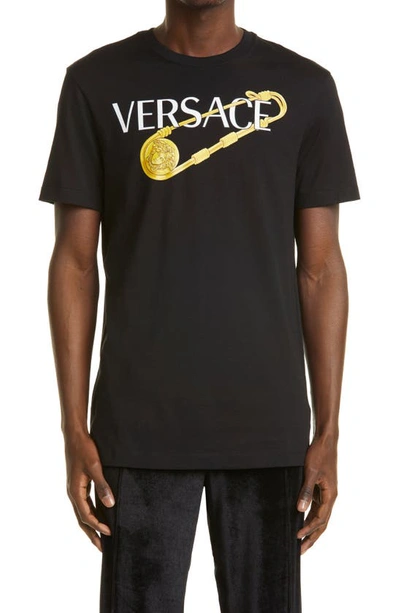 Shop Versace Safety Pin Logo Graphic Tee In Black