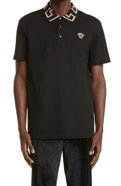 Shop Versace Metallic Greca Collar Piqué Polo In Black/ Gold