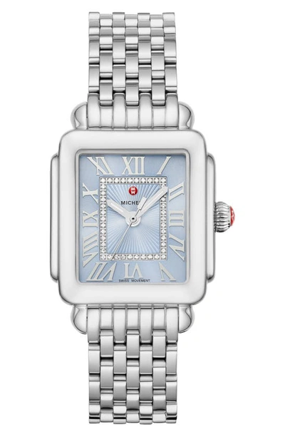 Shop Michele Deco Madison Diamond Dial Watch Head & Bracelet, 29mm X 31mm In Silver/ Blue Sky