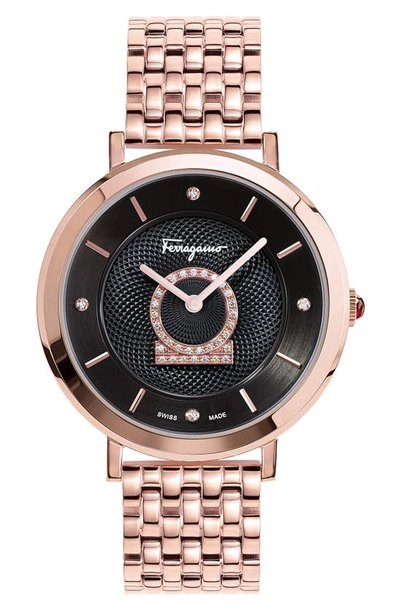 Shop Ferragamo Salvatore  Minuetto Diamond Bracelet Watch, 36mm In Rose Gold/ Black/ Rose Gold