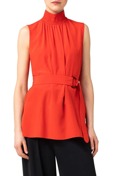 Shop Akris Punto Smocked Neck Belted Silk Top In Red Currant