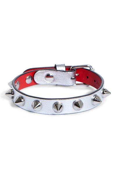 Shop Christian Louboutin Loubilink Studded Metallic Leather Bracelet In Silver/ Silver