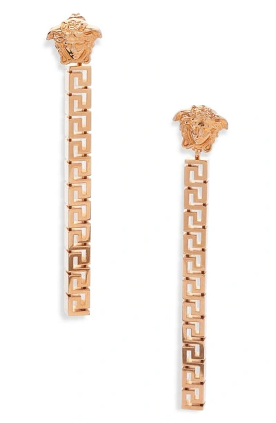 Shop Versace Greca Medusa Linear Drop Earrings In  Gold