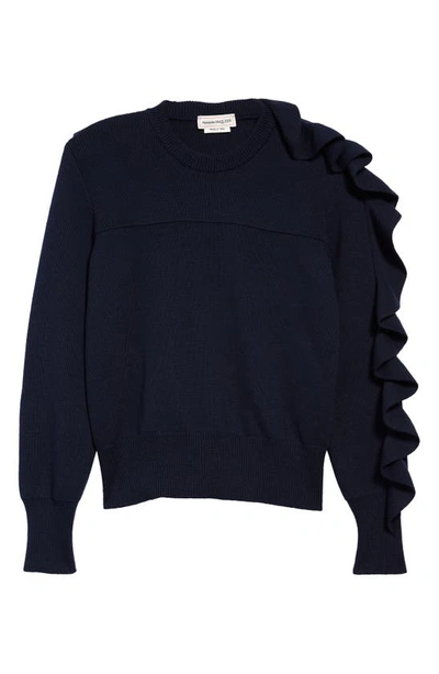 Shop Alexander Mcqueen Ruffle Wool & Cotton Sweater In Navy