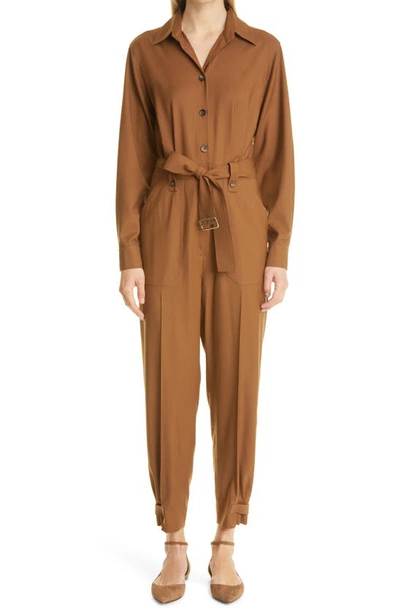 Shop Max Mara Dakar Belted Virgin Wool Twill Jumpsuit In Tobacco