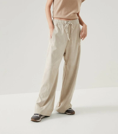 Shop Brunello Cucinelli Suede Wide-leg Trousers In Neutrals