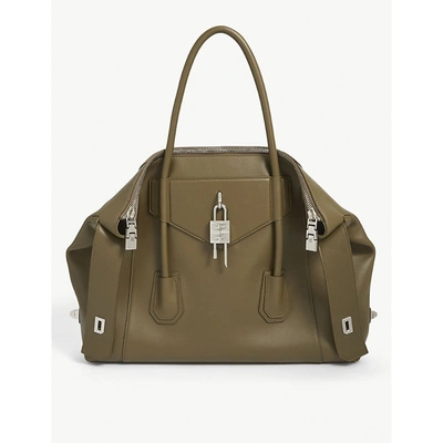 Shop Givenchy 313-dark Khaki Antigona Soft Medium Leather Tote Bag