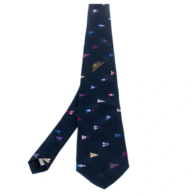 Pre-owned Louis Vuitton Navy Blue 2000 Cup Flag Embroidered Silk Tie