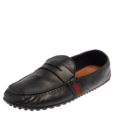 Pre-owned Gucci Black Leather Web Detail Loafers Size 45.5