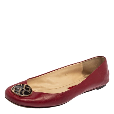 Pre-owned Carolina Herrera Red Leather Logo Ballet Flats Size 37