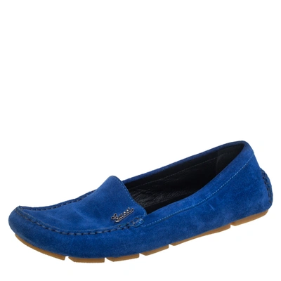Pre-owned Gucci Blue Suede Slip On Loafers Size 37