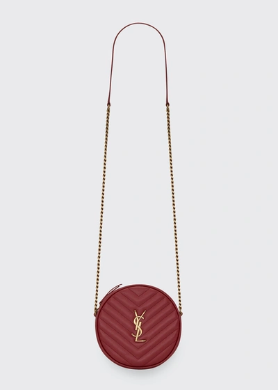 Shop Saint Laurent Vinyle Ysl Round Quilted Grain De Poudre Crossbody Bag In Red