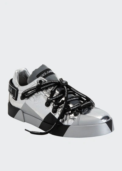 Shop Dolce & Gabbana Men's Portofino Mix-media Sneakers In Silver