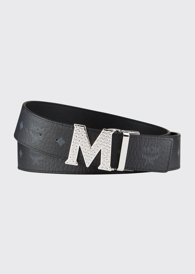 Shop Mcm Men's Textured Logo Belt In Black