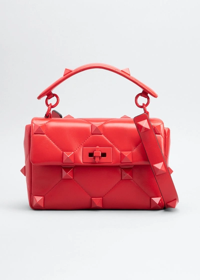 Shop Valentino Roman Stud Quilted Lambskin Shoulder Bag, Red