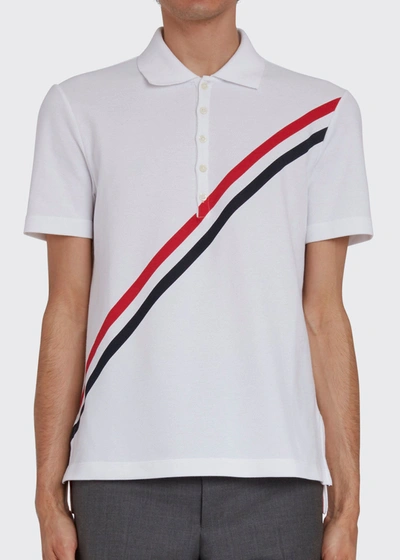 Shop Thom Browne Men's Diagonal-stripe Polo Shirt In White