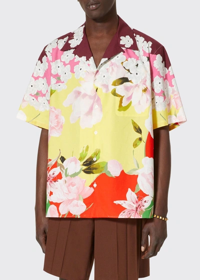 Shop Valentino Men's Floral-print Camp Shirt In Orange/multi