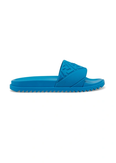 Shop Fendi Men's Ff Logo Slide Sandals In Cyber Blue