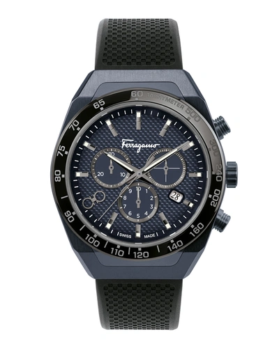 Shop Ferragamo Men's 43mm Chronograph Watch W/ Rubber Strap In Ip Blue/ip Black