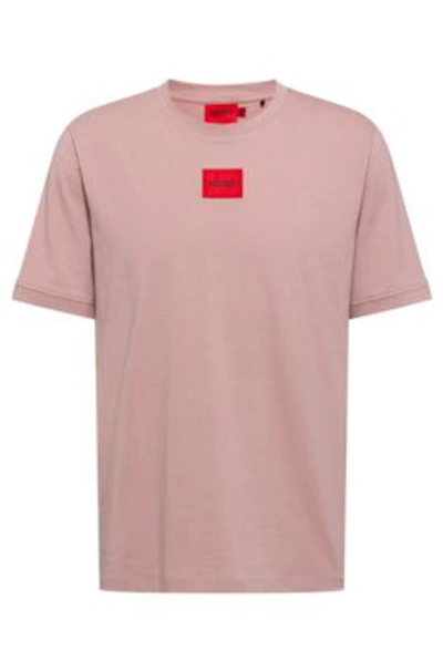 Shop Hugo Boss - Regular Fit Cotton T Shirt With Red Logo Label - Light Brown