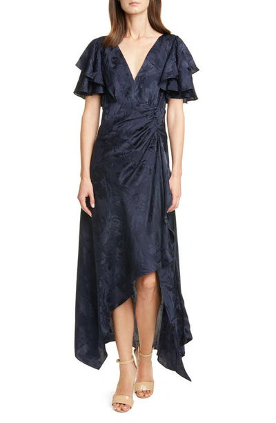 Shop Tanya Taylor Clementine Ruffle Sleeve Silk Maxi Dress In Navy