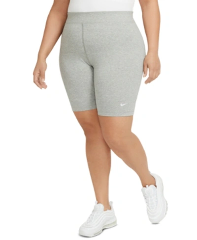 Shop Nike Sportswear Plus Size Women's Essential Mid-rise Bike Shorts In Dk Grey Heather/white