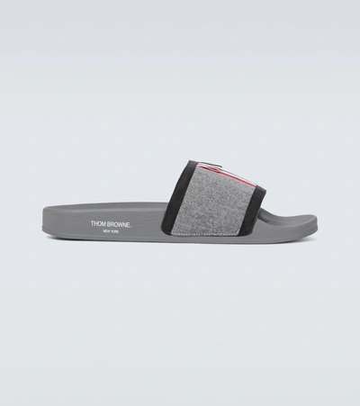 Thom Browne Tricolour-stripe Wool-twill And Rubber Slides In Grey