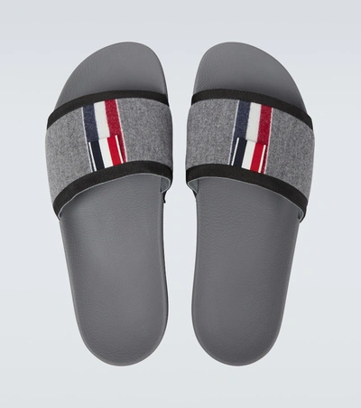 Thom Browne Tricolour-stripe Wool-twill And Rubber Slides In Grey