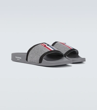 Thom Browne Tricolour-stripe Wool-twill And Rubber Slides In Grey