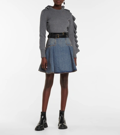 Shop Alexander Mcqueen Ruffled Denim Miniskirt In Blue