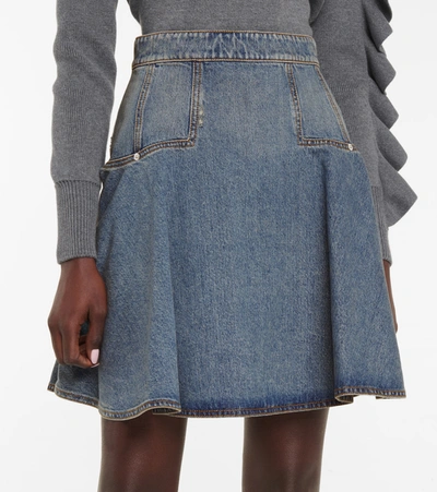 Shop Alexander Mcqueen Ruffled Denim Miniskirt In Blue